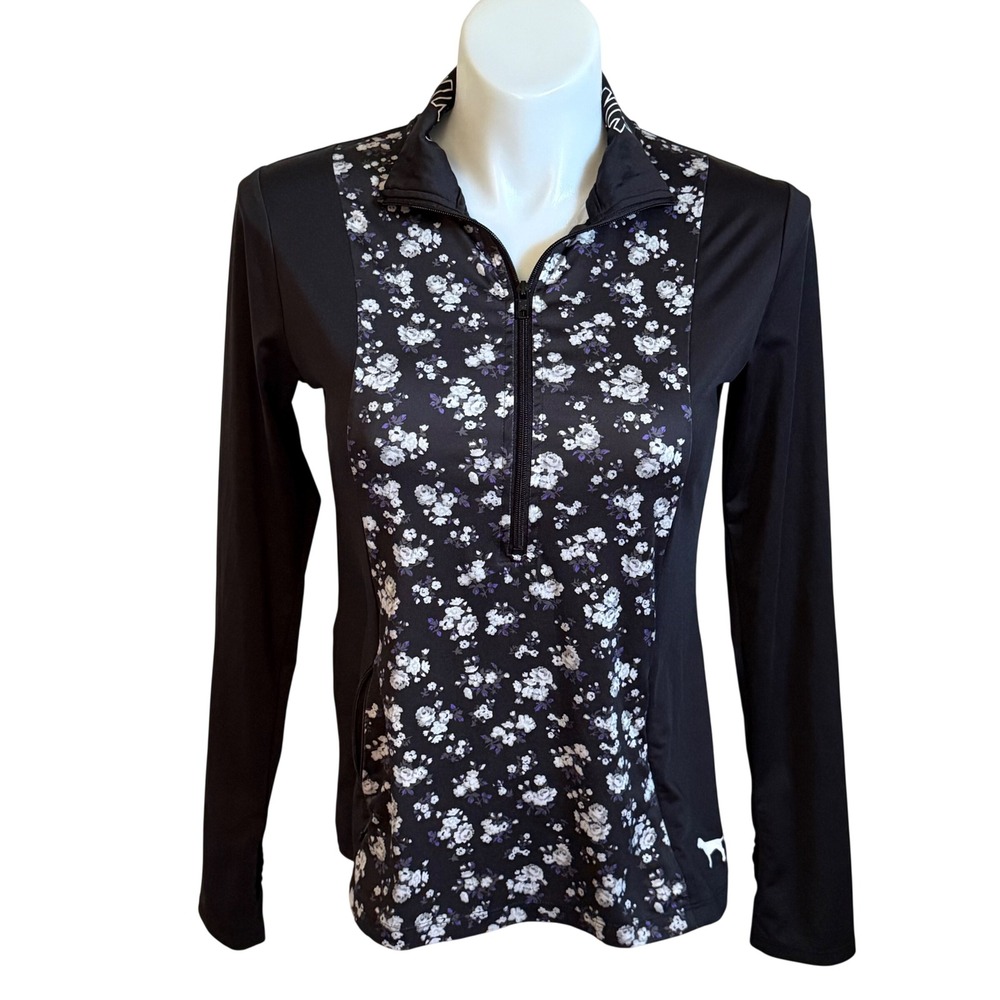 Pink Victoria's Secret Floral Quarter Zip Pullover Black Activewear Top Large